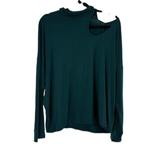 Express Top Mockneck Green Relaxed Stretch Jersey Knit XL Cut Out Long Sleeve